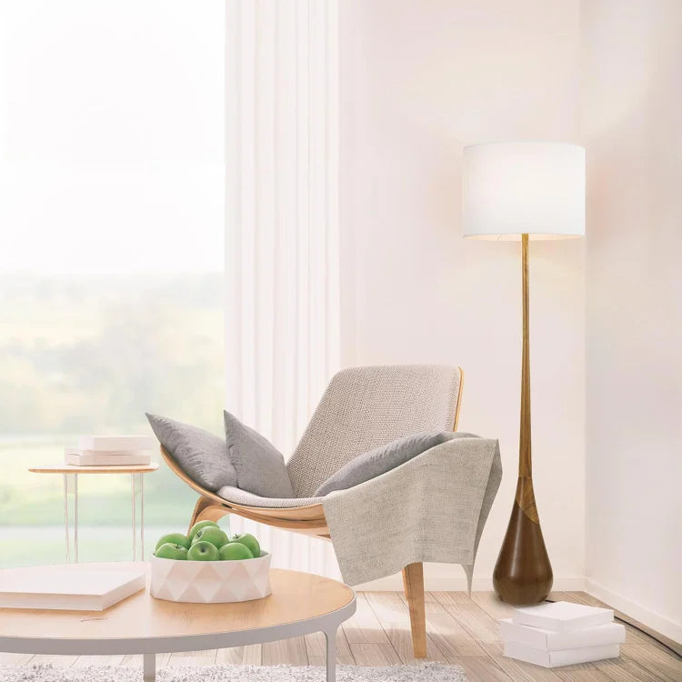 Novogratz x Globe Harrington 65" Floor Lamp, 2-Tone Faux Wood Base, White Fabric Shade, Socket Rotary Switch 6722