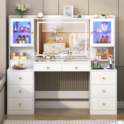 61.7" Large Vanity Desk with Mirror and Lights, Makeup Vanity with Charging Station, Sliding Drawers, 2 Cabinets with Glass Door