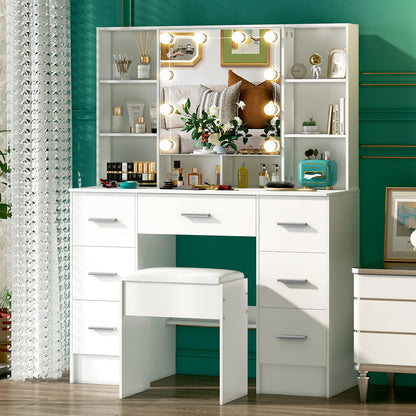 Minimalist natural wood vanity with light-up mirror – 3 light modes, slide-out drawers & shelves