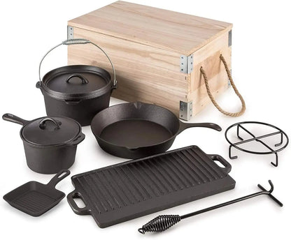 8 piece cooking set Cast iron camping cookware with vintage carrying wooden box for outdoor family BBQ baking