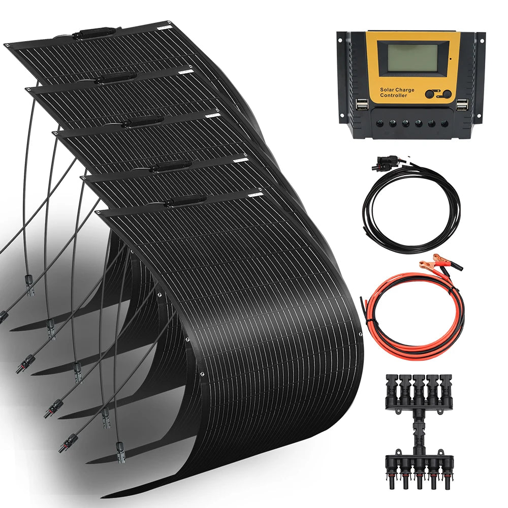 12V Flexible Solar Panel Kit 240W 360w 480W 600W 720W Charge Controller Cable for Battery RV Trailer Boat Cabin Caravan Truck