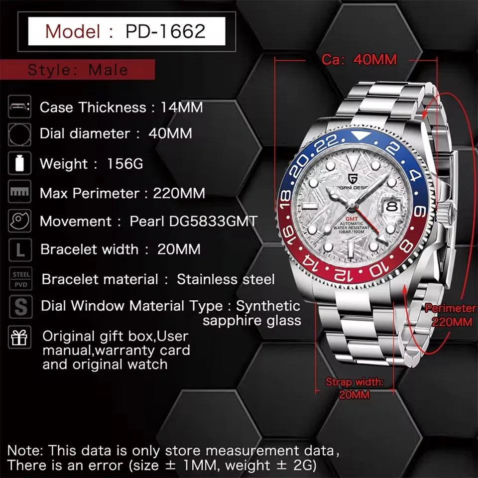 2026 PAGANI DESIGN 40MM Meteorite Dial GMT Men Mechanical Watch Jubilee Watch Strap Sapphire Glass Stainless Steel Waterproof Men Automatic Watches for Men