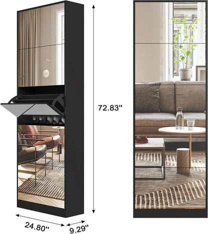 Shoe Storage Cabinet with Full Length Mirror, 30 Pairs & 5 Flip Drawer, Free Standing Shoe Rack Cabinet, Narrow Shoes Organizer