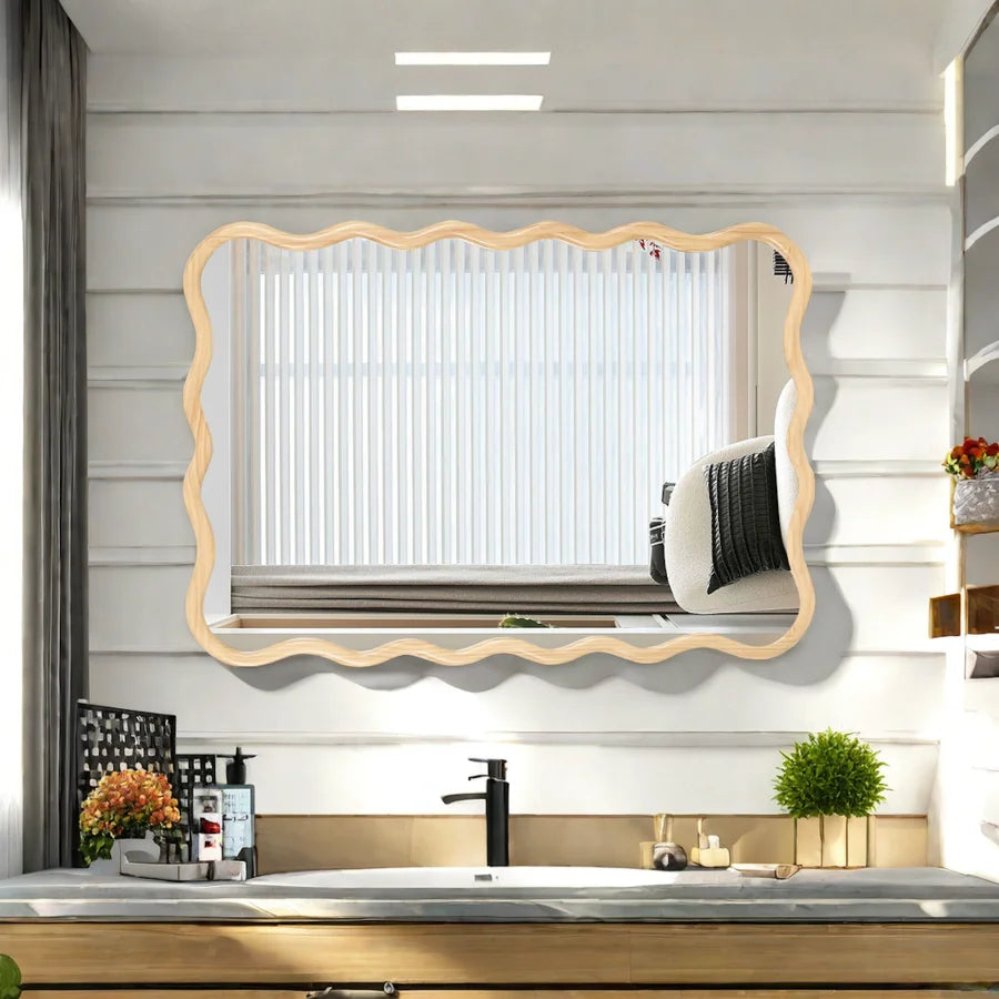 Solid Wood Wavy Rectangle Mirror-Natural-Wood 40" x 28" Modern Mirror Wall Decor for Bathroom Bedroom Living Room Dining Room C