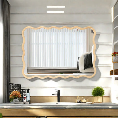 Solid Wood Wavy Rectangle Mirror-Natural-Wood 40" x 28" Modern Mirror Wall Decor for Bathroom Bedroom Living Room Dining Room C