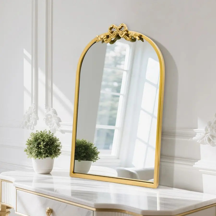 Arched Gold Mirror 27x19 Antique Bathroom Vanity Wall Mirrors with Metal Frame, Baroque Ornate Bow Decor for Living Room, Firepl