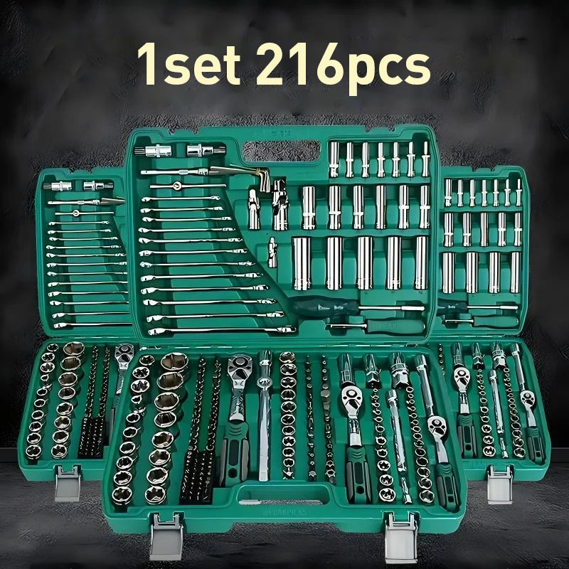High End Professional 216 Tool Set, 1/4" 3/8" 1/2" Drive Depth, Ratchet Wrench Set, CR-V Material, Automotive Parts Repair Quick Ratchet Wrench and Other Automotive Repair Parts, Professional Racing Grade Repair Tool Set
