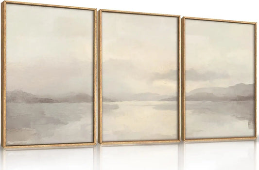 Large Abstract Neutral Beige Framed Canvas Wall Art, Modern Watercolor Lakes Decor for Living Room Bedroom Office - 16x24 Inches