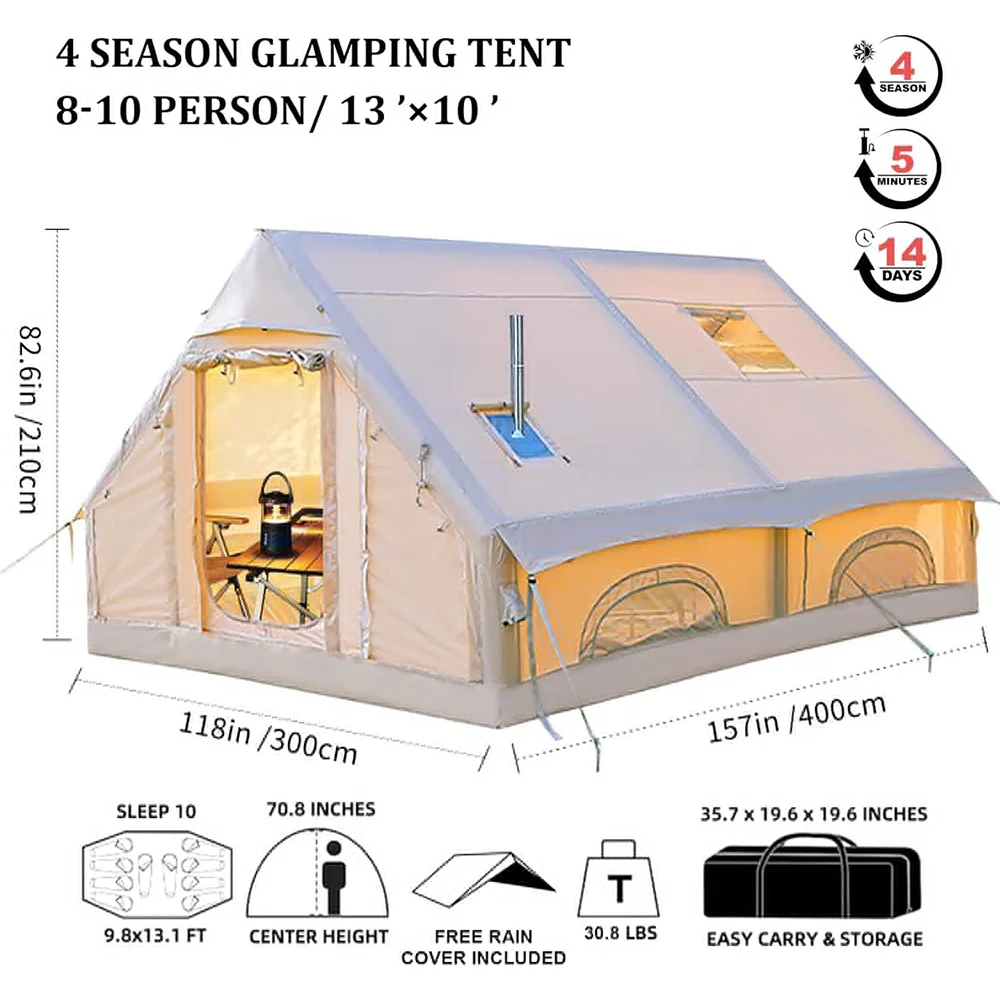 SENLEETO Inflatable Tent 129 Sq.Ft 420D Oxford Fabric Family Camping Air Tent with Rainfly Stove Jack AC Port and Manual Pump
