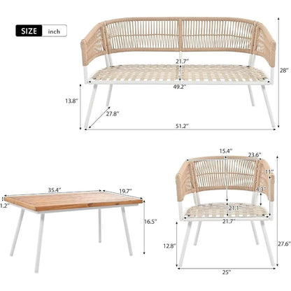 4Piece Boho Rope Outdoor Patio Furniture Set with Acacia Wood Table for Backyard Porch Balcony Beige Stylish and Durable Rattan