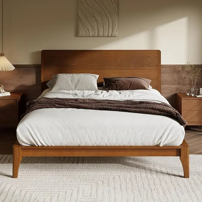 Merax Queen Size Bamboo Platform Bed, Mid-Century Modern Bed Frame with Tall Headboard, Solid Sustainable Bedframe Queen-size, W