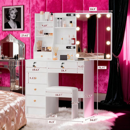 Dressing Table w/ LED Mirror & 6 Drawers White Vanity Dressing Table Stool Set