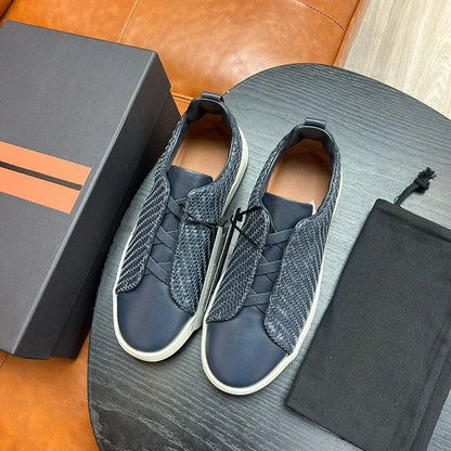 Low profile luxury men's casual loafers, casual sports shoes, elastic knitted leather driving shoes, lightweight and breathable
