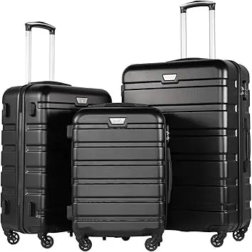 Coolife 3-Piece Hardshell Spinner Luggage Set with TSA Lock - Black (20, 24, 28)