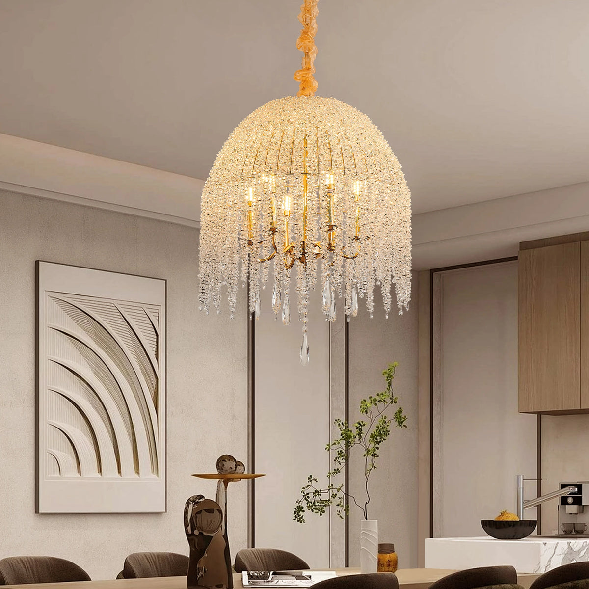 20 Inch 6-Light Crystal Pendant Light Chandelier Elegant Waterfall Design with Crystal Bead Strings and Gold Finish (No Bulb)