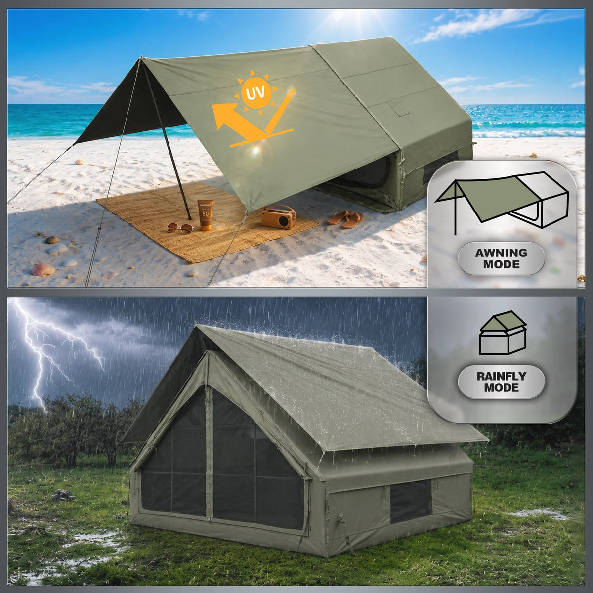 SENLEETO Inflatable Camping Tent 2-4 Person Waterproof 420D Oxford Cloth Glamping Family Tent with Stove Jack & AC Hole, Easy Setup Air Tent with Manual Pump & Detachable Extension Rain Poncho Canopy