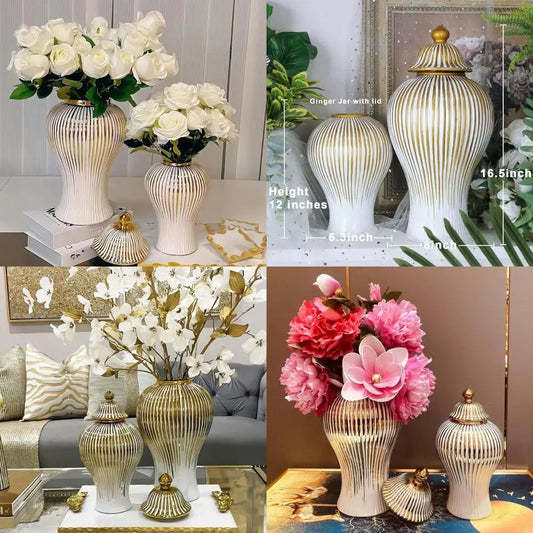 Large Modern Minimalist White & Gold Ceramic Vase for Home Décor, Centerpieces, Living Room, Office, Bedroom, Bookshelf, Mantel