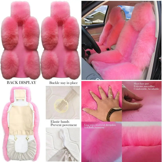A Pair 50% Genuine Sheepskin Fur Car 2 Front Seat Covers Set Winter Warm Universal Pink…