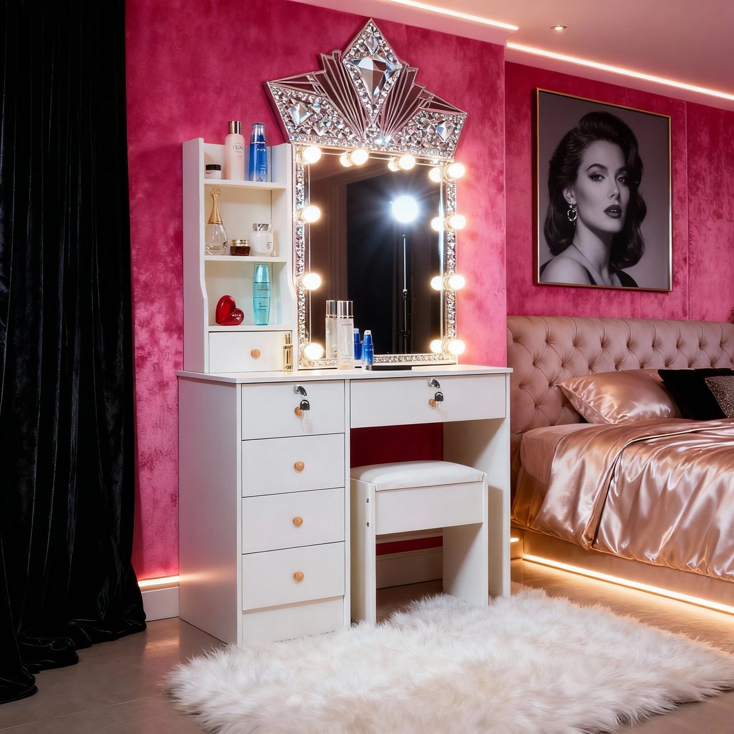 Dressing Table w/ LED Mirror & 6 Drawers White Vanity Dressing Table Stool Set