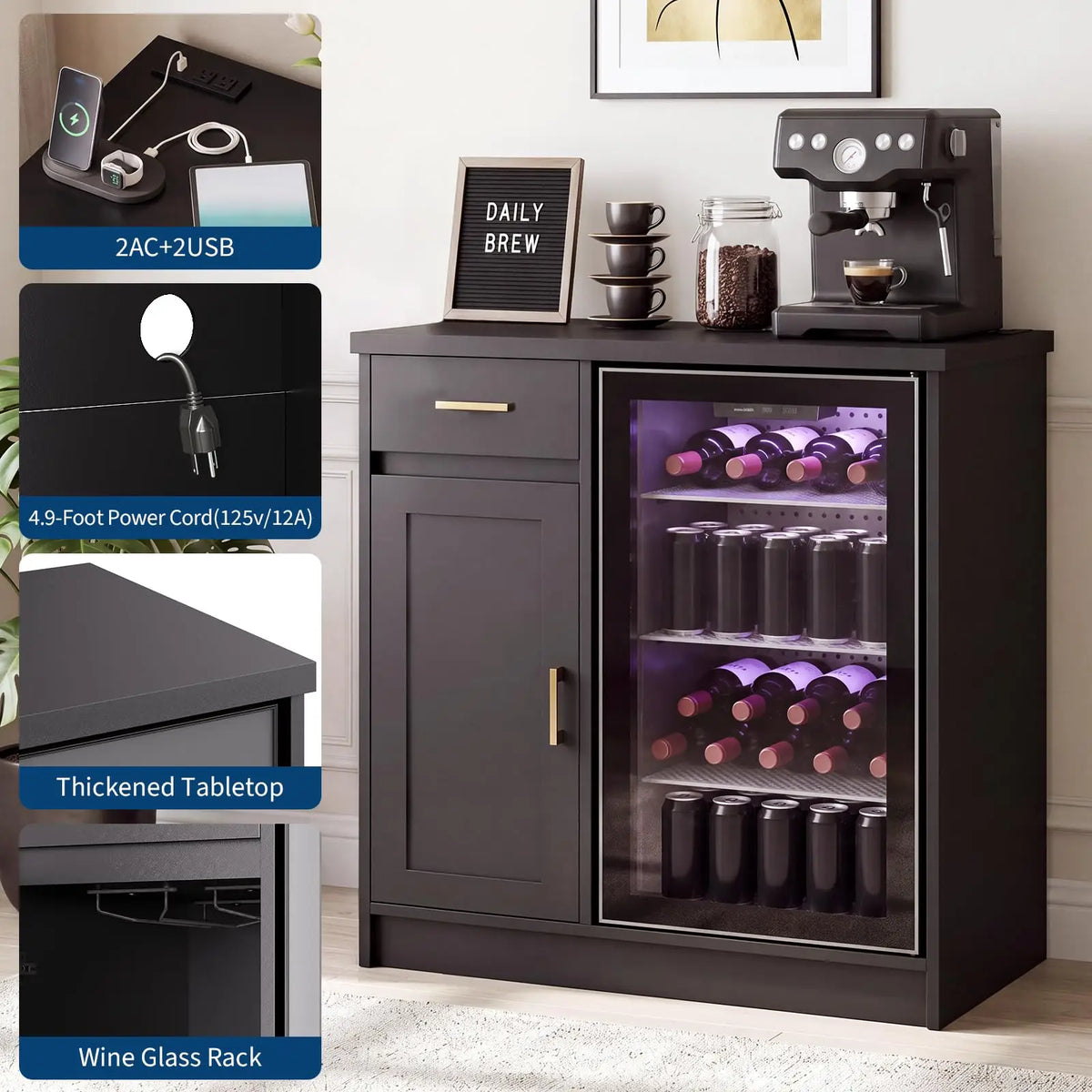 42in Farmhouse Wine Bar Cabinet For 24in Mini Fridge, Coffee Bar With 2 Outlets & 2 USB, Drawer Door Storage Sideboard
