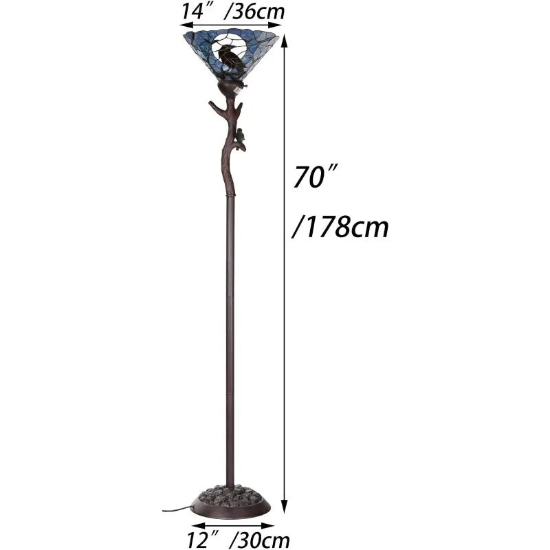 L10959 Raven Sitting on Bare Tree Branch in Full Moon Night Tiffany Style Stained Glass Torchiere Floor Lamp for Halloween
