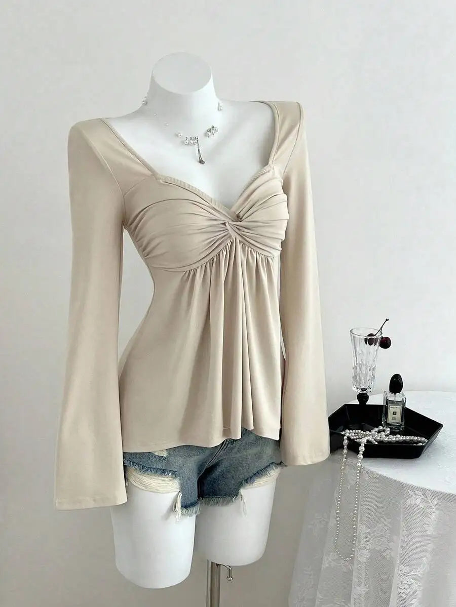 Women's Twist Front V-Neck Long Sleeve Top with Bell Sleeves, Casual Elegant Spring Autumn Blouse