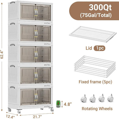 300Qt Stackable Storage Bins with Lid, Extra Large Closet Organizer Collapsible Drawer Boxes with Wheels, Folding Plastic Cabine