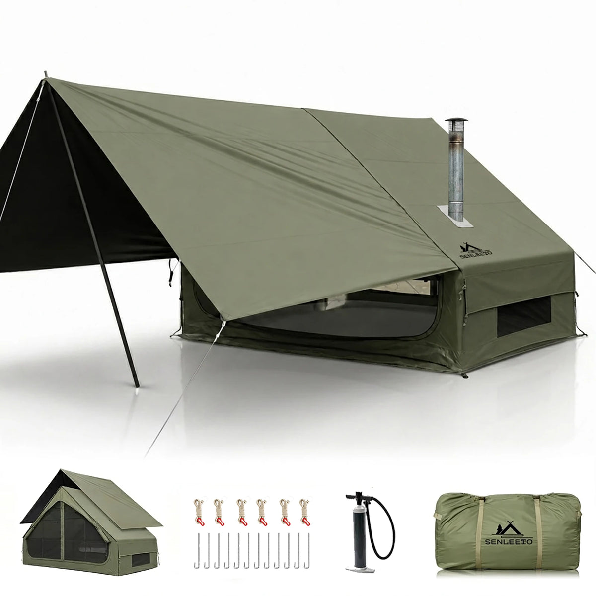SENLEETO Inflatable Camping Tent 2-4 Person Waterproof 420D Oxford Cloth Glamping Family Tent with Stove Jack & AC Hole, Easy Setup Air Tent with Manual Pump & Detachable Extension Rain Poncho Canopy