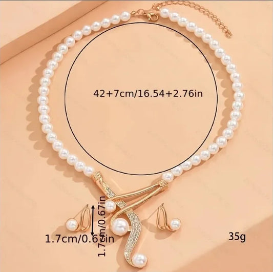 Elegant Round Faux Pearl Necklace & Geometric Pearl Earrings Set – Timeless Fashion Jewelry, Perfect Gift for Lovers & Friends
