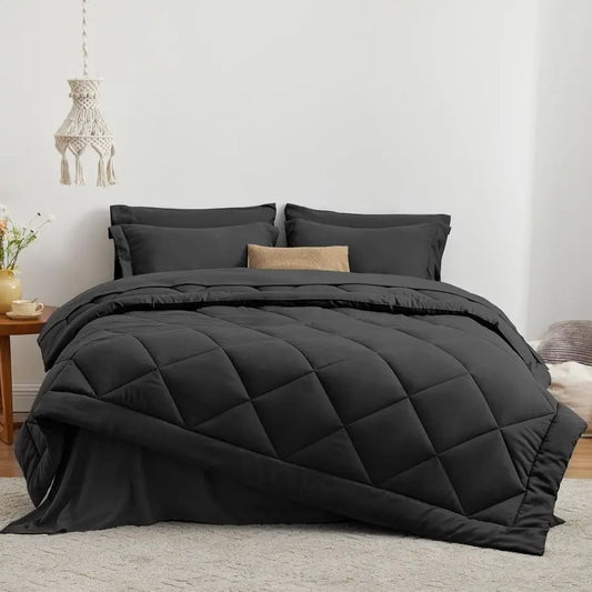 cabin King Size Comforter Set Black, 7 Pieces King Bed in a Bag, All Season Bedding Sets with 1 Comforter, 1 Flat Sheet, 1 Fitte
