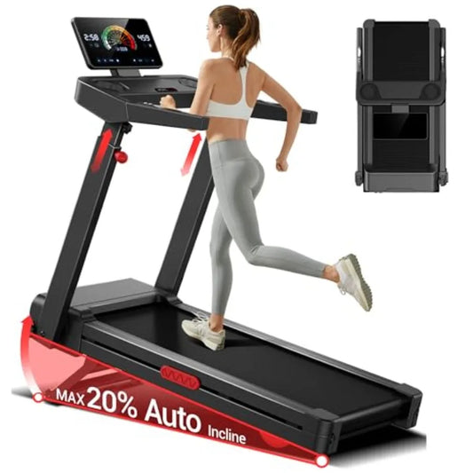 Fitness Home Treadmill with 20 Auto Incline for home gym use, steel frame, black finish, foldable design and quiet motor