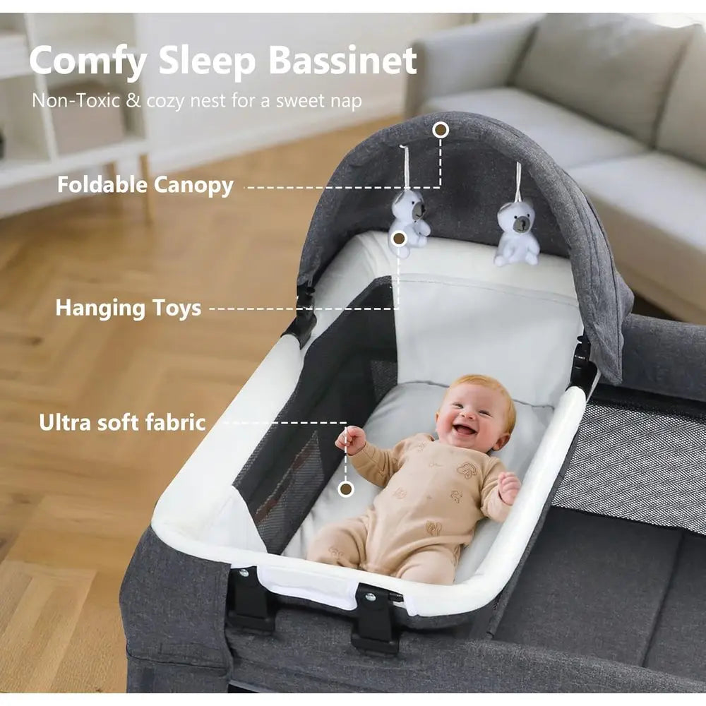Convertible 4-in-1 Foldable Playard with Bassinet, Changing Table, and Canopy for Babies and Toddlers, Portable Newborn Crib Bed