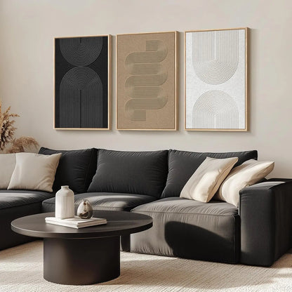 Large Abstract Wall Art Set of 3, Black White Brown Minimalist Canvas Prints for Living Room Office Decor