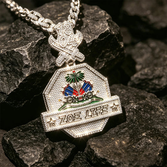 18K Gold Plated Full Cubic Zirconia Enamel Haitian National Emblem Charm Hip Hop Bling Fine Jewelry Gifts for Men Boy Friends Rapper Street Culture Party Daily Gift Iced Out Pendant Necklace Accessory Collection Display Neckl