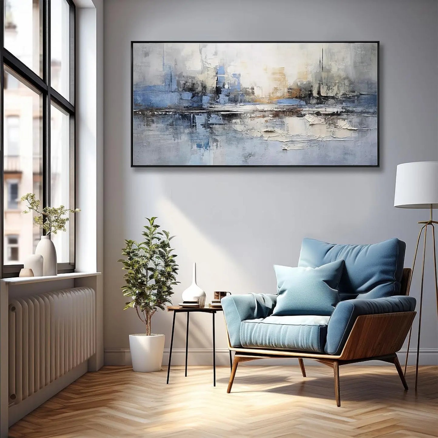 Blue and White Abstract Wall Art Large Framed Canvas Painting for Living Room Bedroom Office Decor Ready to Hang 30x60 Inches