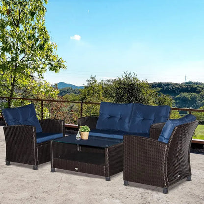 Blue 4-Piece Outdoor Patio Furniture Set with Cushions, PE Rattan Wicker, Ideal for Garden, Poolside, Deck