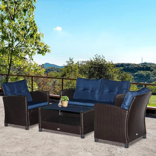 Blue 4-Piece Outdoor Patio Furniture Set with Cushions, PE Rattan Wicker, Ideal for Garden, Poolside, Deck