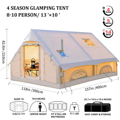 13' x 10' Inflatable Camping Tent for 8-10 Person,4 Season Blow up Tents Waterproof, Air Tent with Chimney Hole