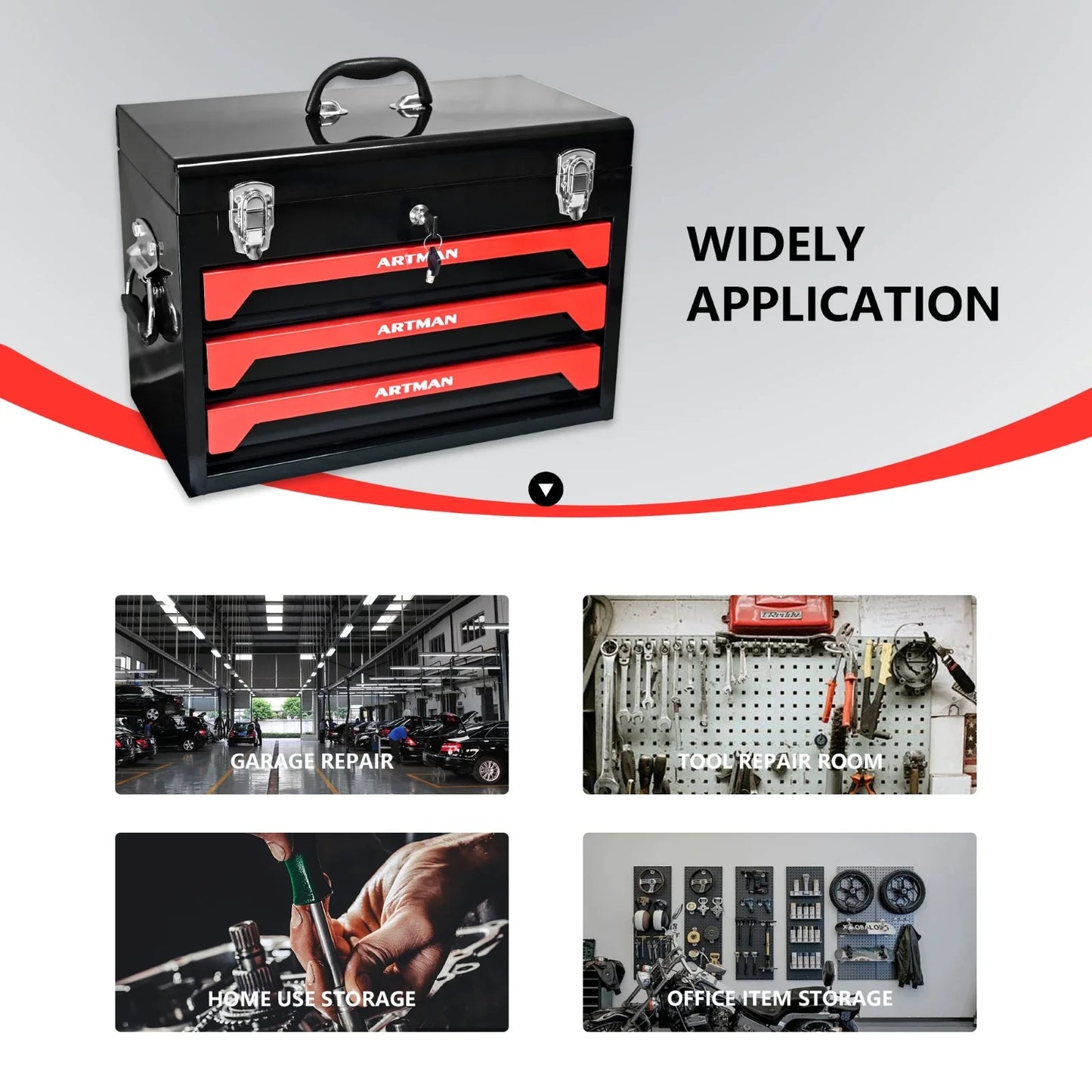 3 Drawer Metal Tool Box,Portable Metal Tool Box with EVC Liner and Lock,tool box organizer,Empty Box,tool chest,garage storage