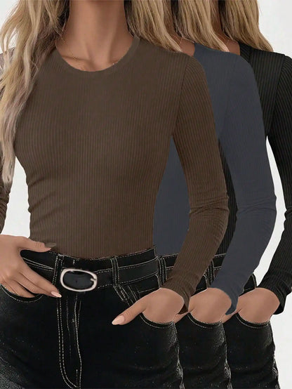 3pcs Women's Solid Ribbed Long Sleeve Crew Neck T-Shirts for Casual Wear