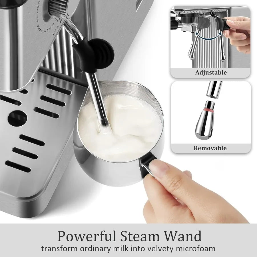 Compact 20Bar Espresso Machine with Powerful Steam Wand for Crafting Latte and Cappuccino at Home Stainless Steel Design with 3