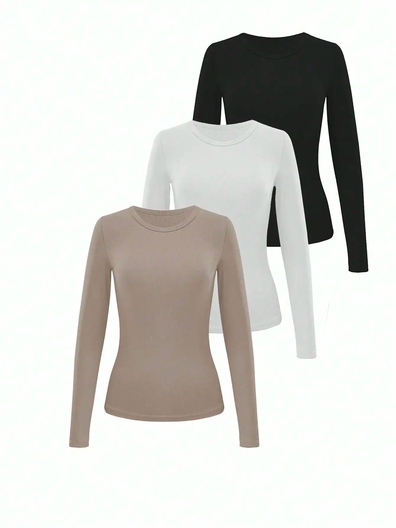 3pcs Women's Solid Ribbed Long Sleeve Crew Neck T-Shirts for Casual Wear