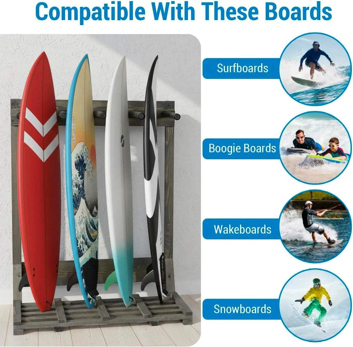 4-Ft Tall Rustic Burnt Wood Freestanding Vertical Surfboard Rack, Wakeboard SUP Paddleboard Storage Organizer - Holds up to 4 Boards