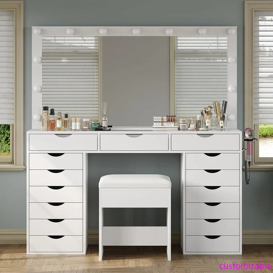 Vanity Desk with Mirror and Lights, Makeup Table with Charging Station, 3 Color Lighting Modes, 15 Drawers Dressing Table