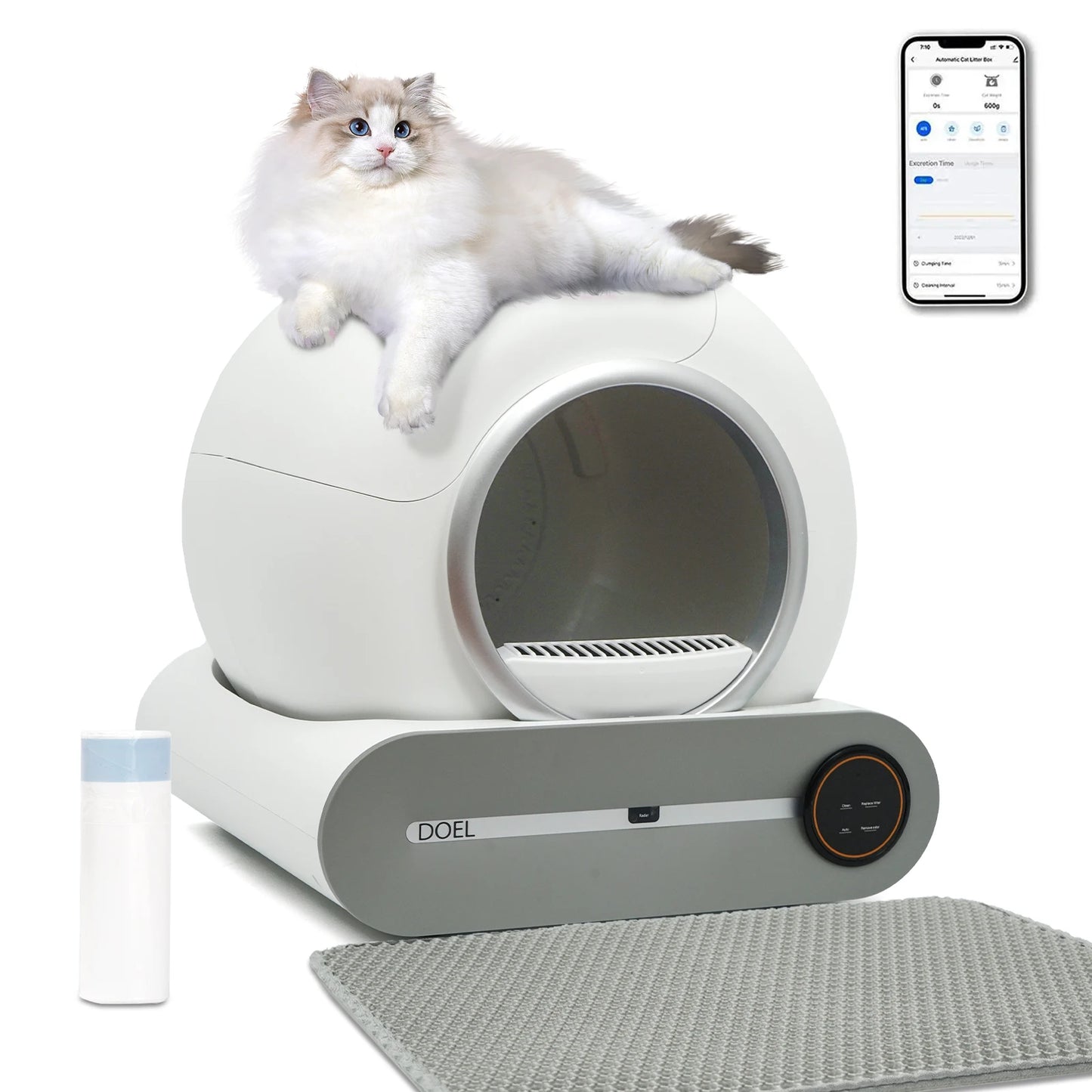DOEL Self Cleaning Cat Litter Box 65L Automatic Cat Litter Box w/ Trash Bag & Litter Mat Smart Cat Toilet App Control 2.4G WiFi
