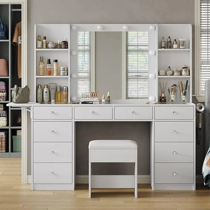 "LED-Illuminated Makeup Vanity Desk with Mirror, Power Outlet, and Ample Storage"