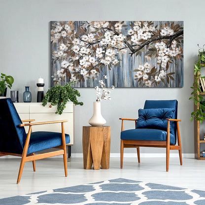 Abstract White Flower Tree Gray Driftwood Canvas Art 24x48 Inch Modern Framed Wall Decor Ready to Hang