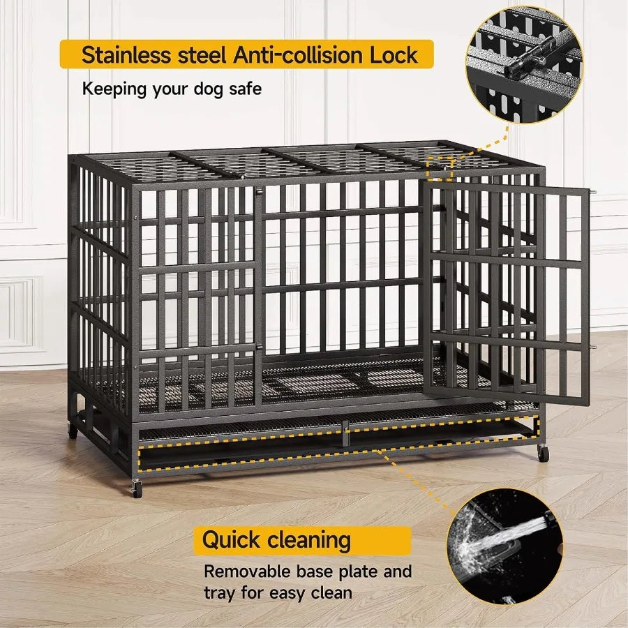 48/42/38 Inch Heavy Duty Indestructible XL Dog Crate Steel Escape Proof Indoor Double Door High Anxiety Cage with Wheels Remova