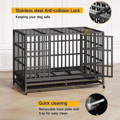 48/42/38 Inch Heavy Duty Indestructible XL Dog Crate Steel Escape Proof Indoor Double Door High Anxiety Cage with Wheels Remova