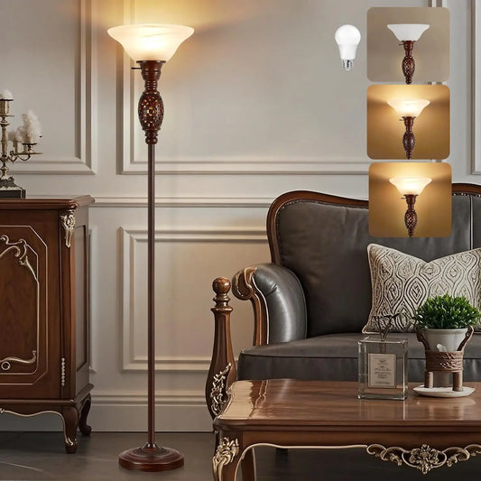 70' Victorian Torchiere Floor Lamp with Night Light, Rotary Switch & Etched Glass Shade, Retro Standing Lamp for Living Room, Be